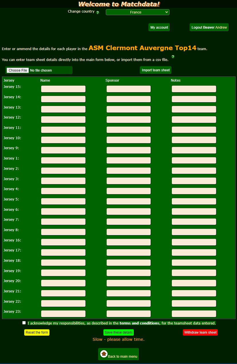 Matchdata set up team sheet 3