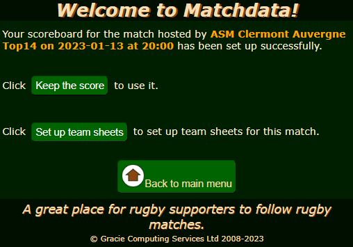 Matchdata confirmation scoreboard has been set up.